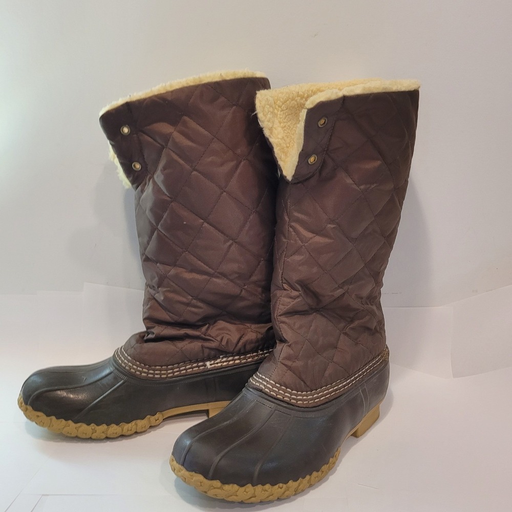 LL Bean Quilted Nylon Duck Boots Brown Sherpa Lined Tall Winter Boots Womens 7 M
